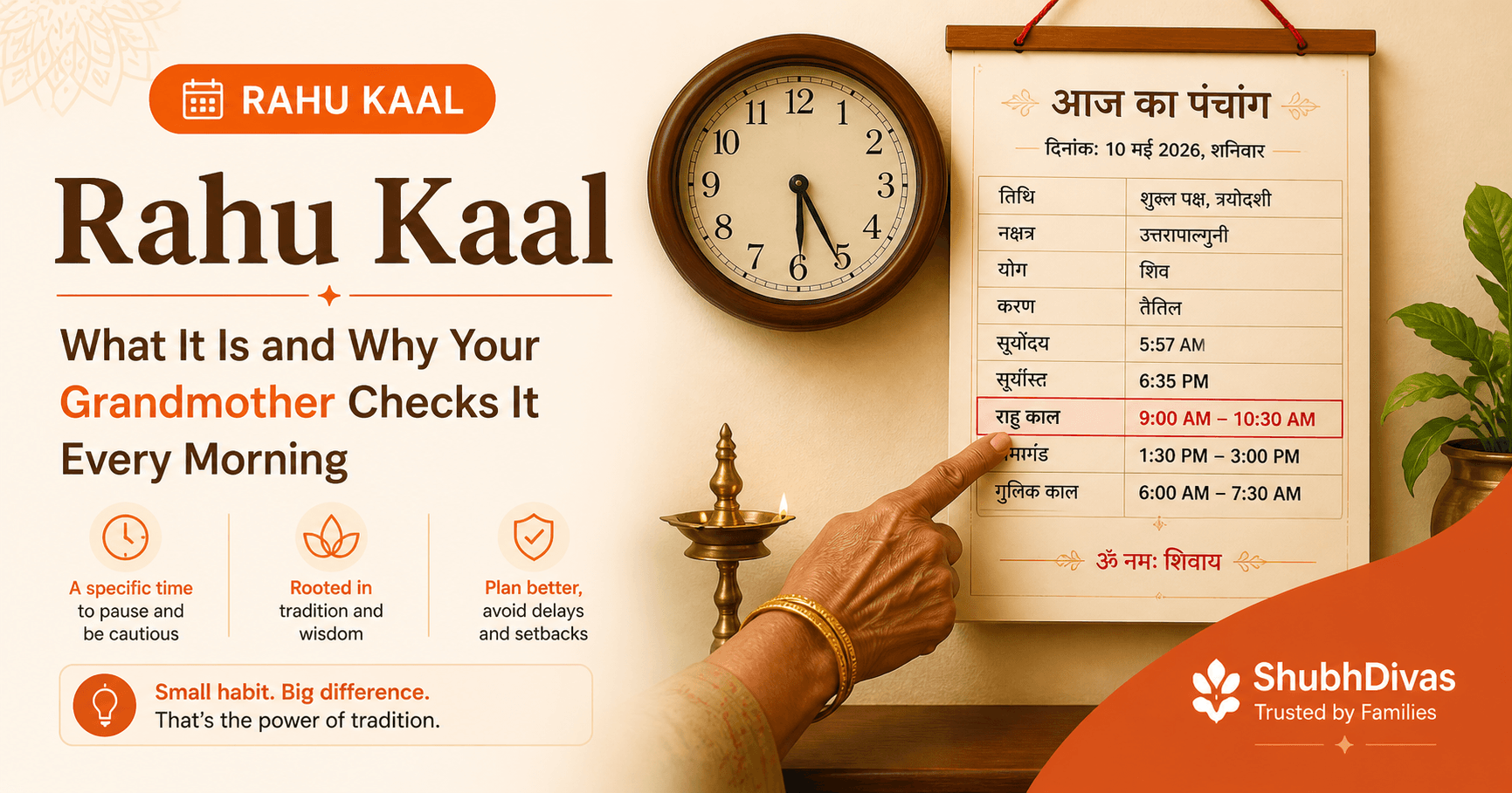 Traditional Indian panchanga calendar showing Rahu Kaal timings